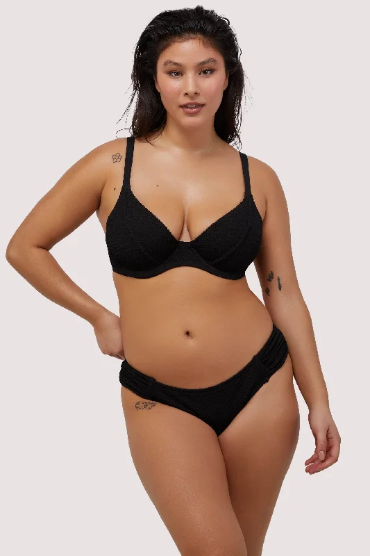 Black Textured Ruched Sides Bikini Bottom