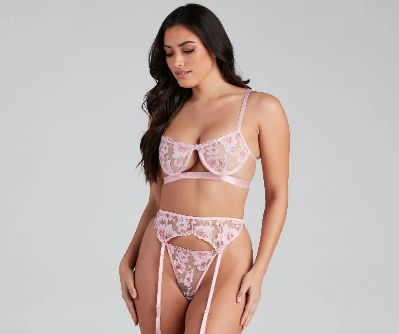 Floral Escape Mesh Bra And Panty Garter Set