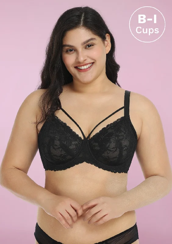 Pretty In Petals Black-Unlined Strappy Lace Bra