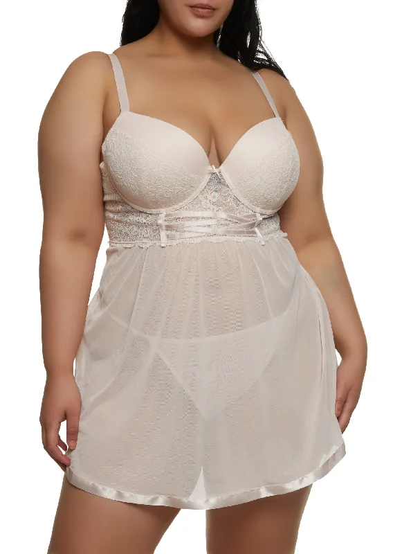 Plus Size Floral Lace Keyhole Back Babydoll and G String