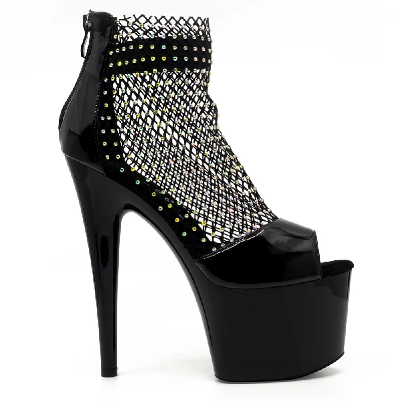 Ellie Shoes Adriana 7"" Stiletto Fishnet Rhinestone Ankle Boot