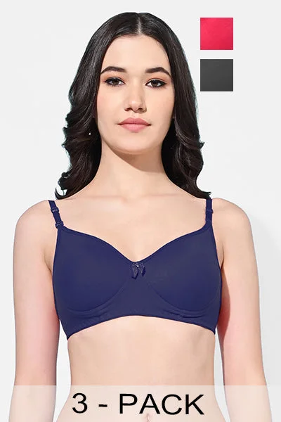 FIMS Fashion Women Cotton Blend Solid Padded Bra Pack of 3 Navy Rani Black