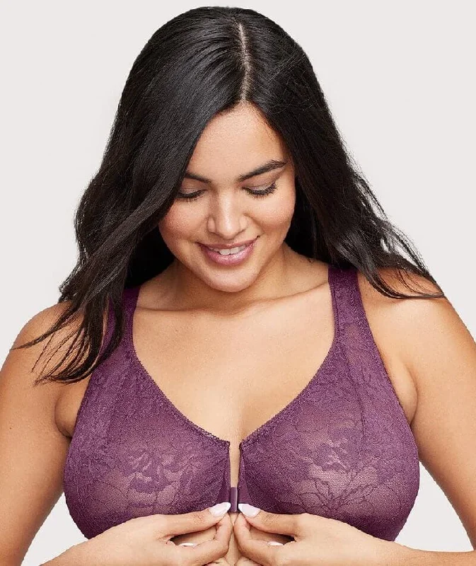 Glamorise Lacey T-Back Front-Closure WonderWire Bra - Plum