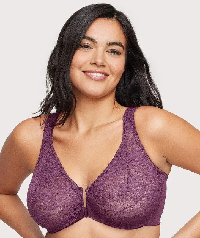 Glamorise Lacey T-Back Front-Closure WonderWire Bra - Plum