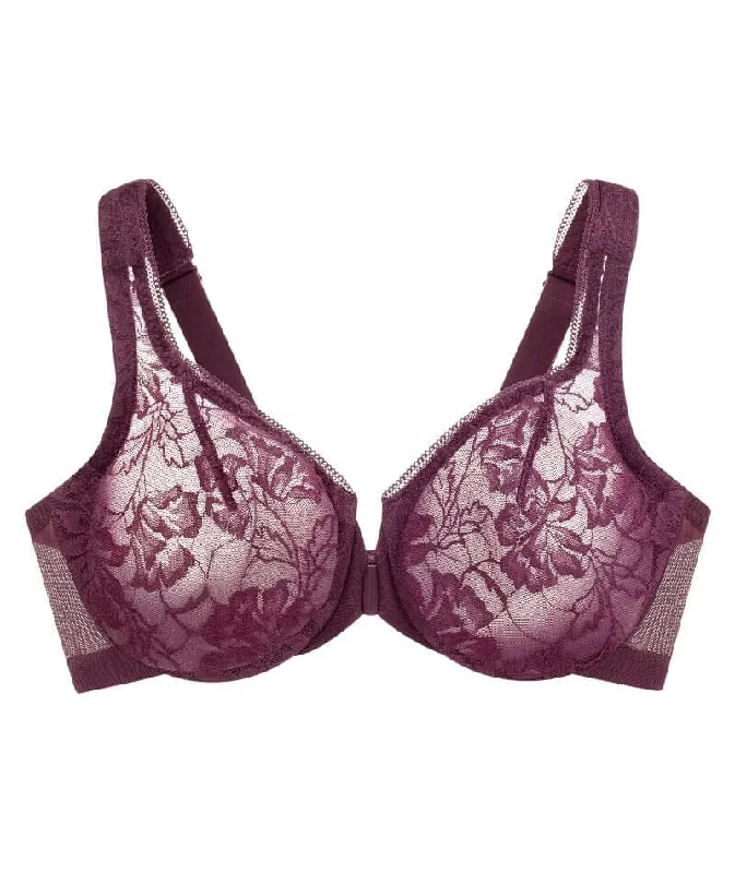 Glamorise Lacey T-Back Front-Closure WonderWire Bra - Plum