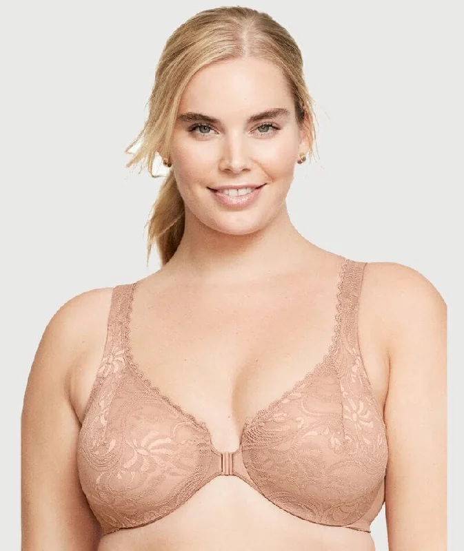 Glamorise WonderWire Front-Closure Stretch Lace Bra - Cappuccino