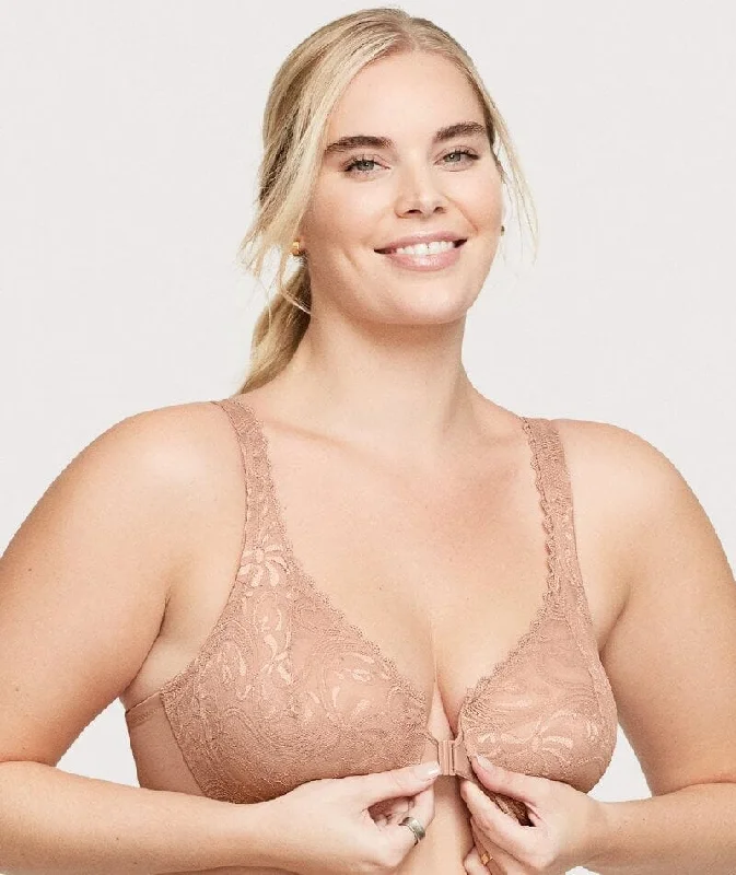 Glamorise WonderWire Front-Closure Stretch Lace Bra - Cappuccino