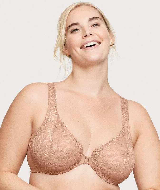 Glamorise WonderWire Front-Closure Stretch Lace Bra - Cappuccino