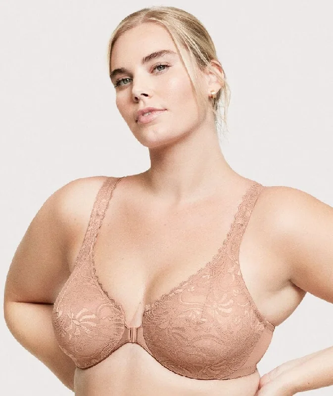 Glamorise WonderWire Front-Closure Stretch Lace Bra - Cappuccino