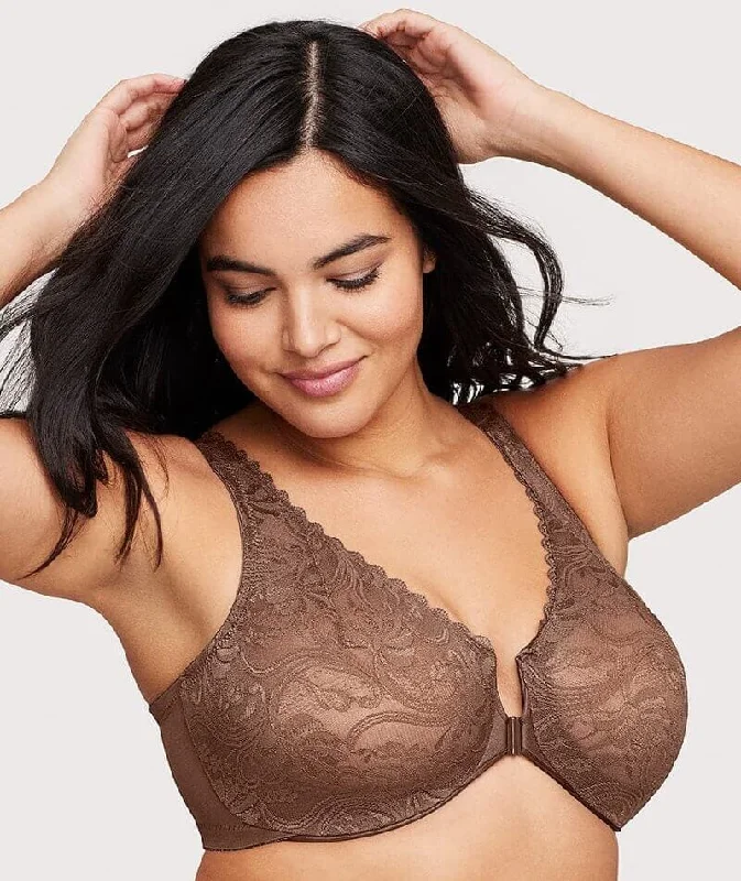 Glamorise WonderWire Front-Closure Stretch Lace Bra - Mocha