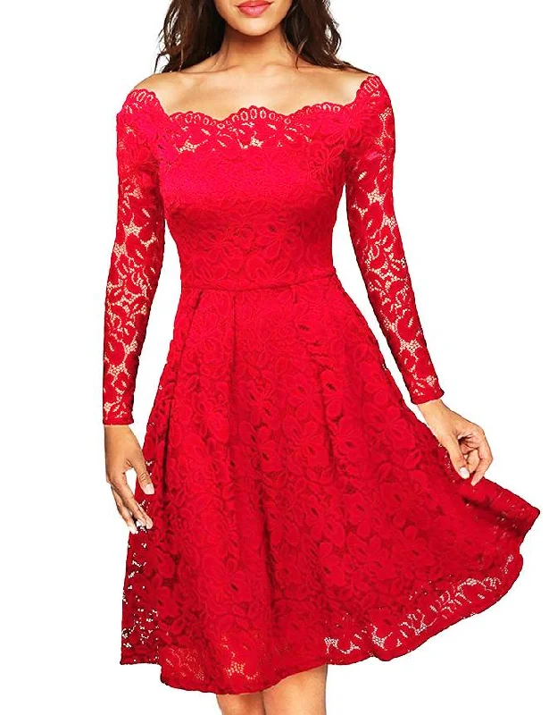 Long Sleeve Fashion Red Lace Midi Dress Egypt