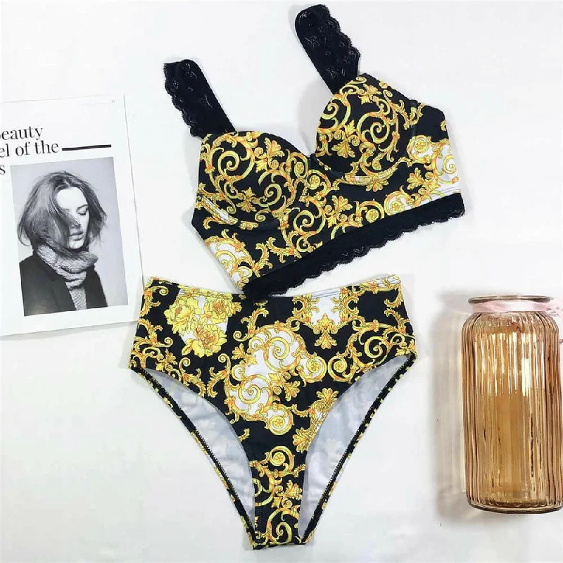 New Sexy High Waist Bikini Female Swimsuit Women Swimwear Two-pieces Bikini set With Lace Straps Bather Bathing Suit