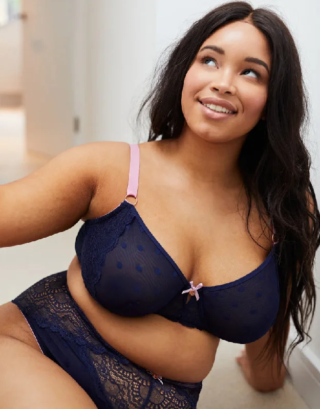 Oola Spot And Lace Plunge Bra Navy