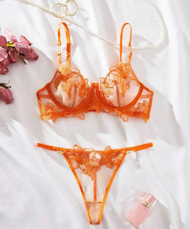 Orange Lingerie Set Embroidery Mesh Underwire