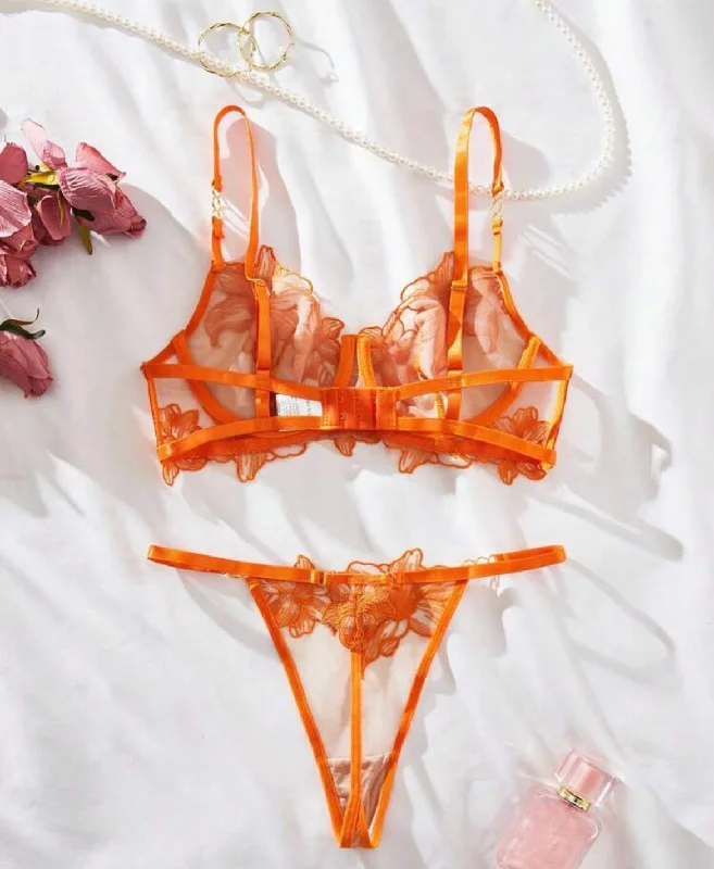 Orange Lingerie Set Embroidery Mesh Underwire