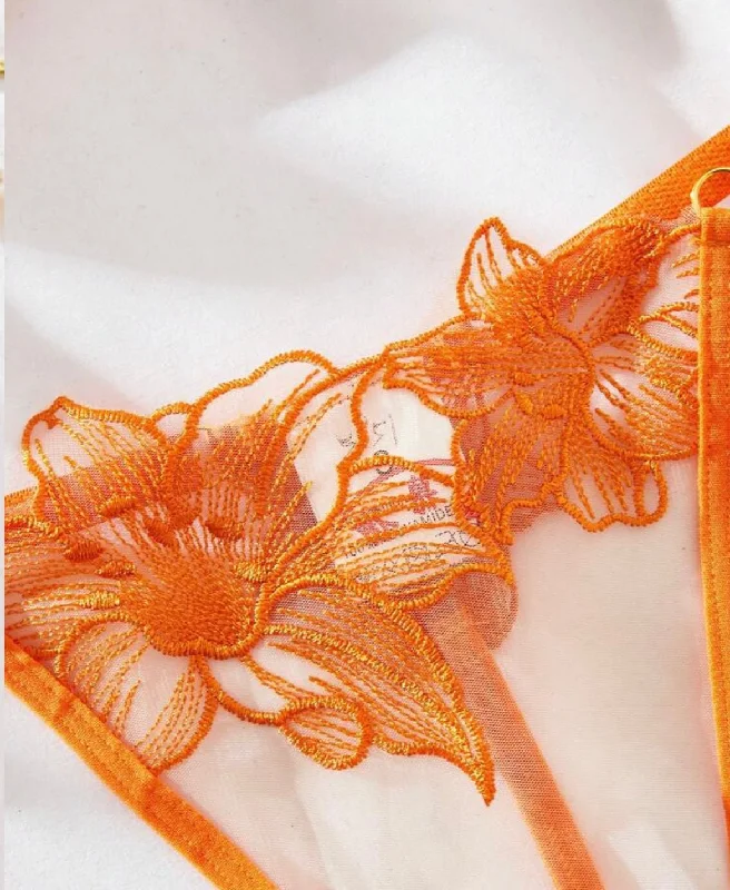 Orange Lingerie Set Embroidery Mesh Underwire