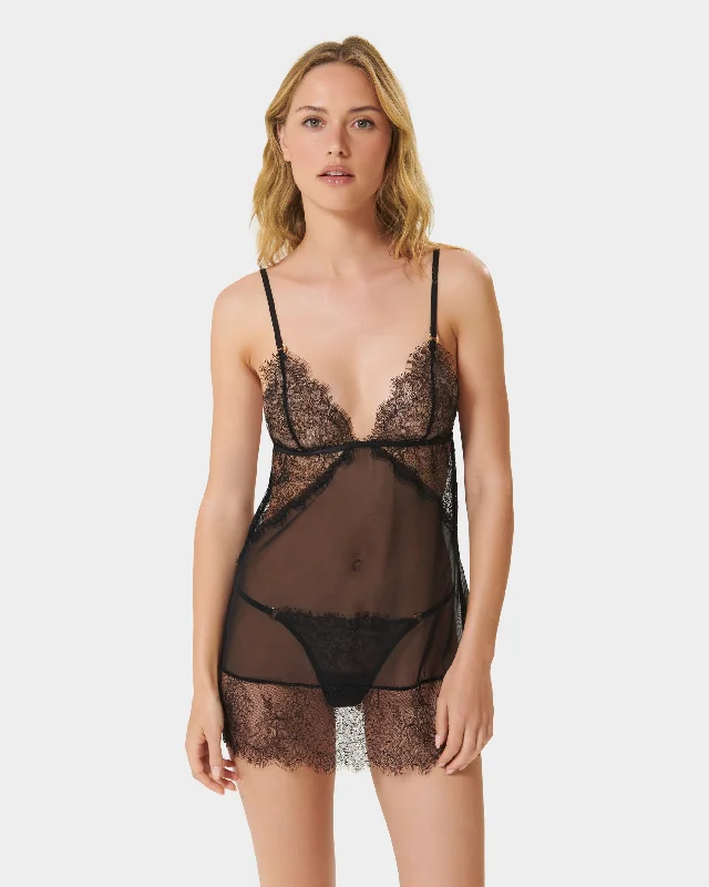 Peony Short Chemise and Thong Set Black