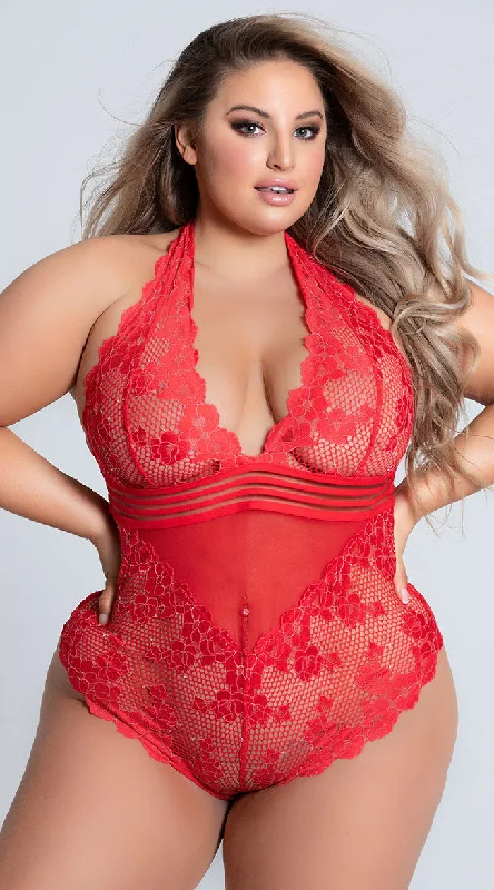 Plus Size Chloe Floral Mesh Halter Teddy