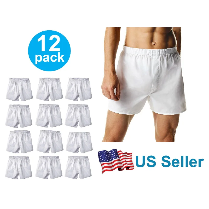 12 PACK Men's White Boxer Shorts W/ Comfortable Flex Waistband