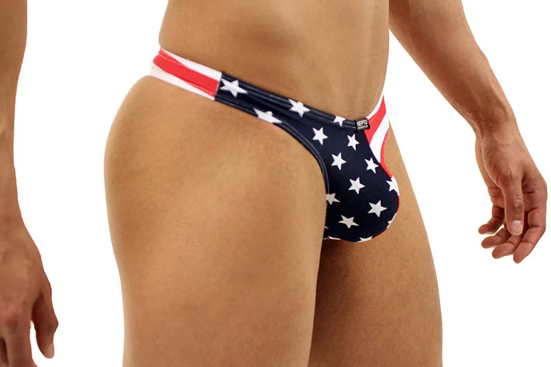 Men's Patriotic Thong Swimsuit featuring American Flag Stars and Stripes