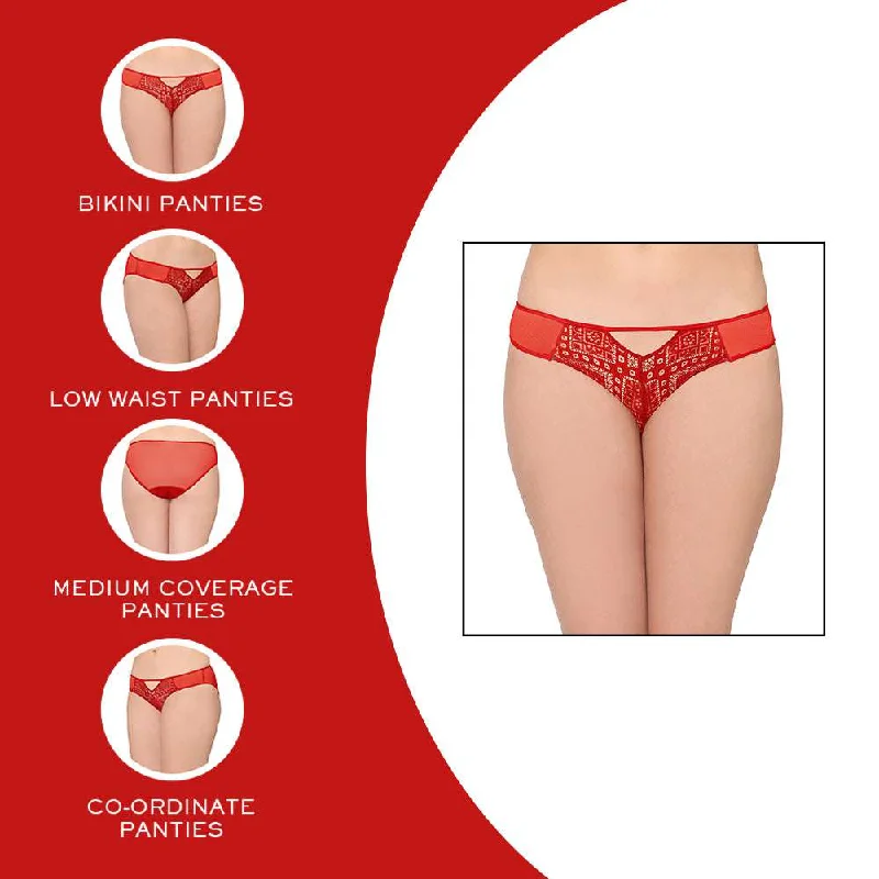 Gaia Low Waist  Medium Coverage Bridal Wear Lace Bikini Panty - Red