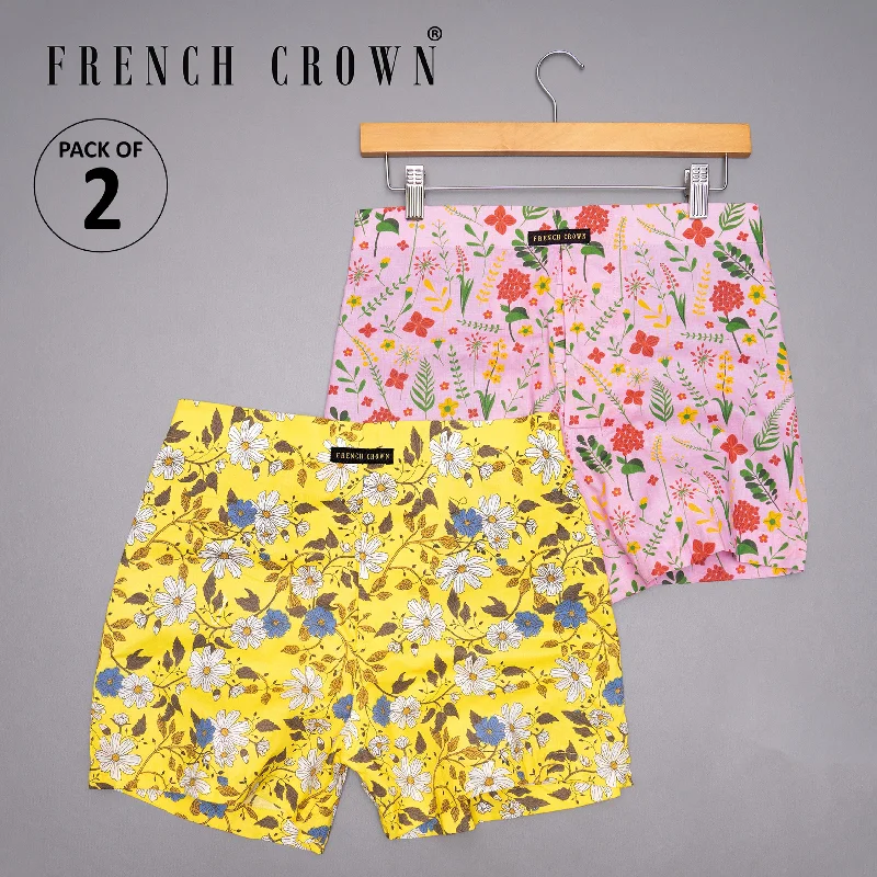 Gorse Yellow Flowers Printed and Cupid Printed Premium Cotton Boxers