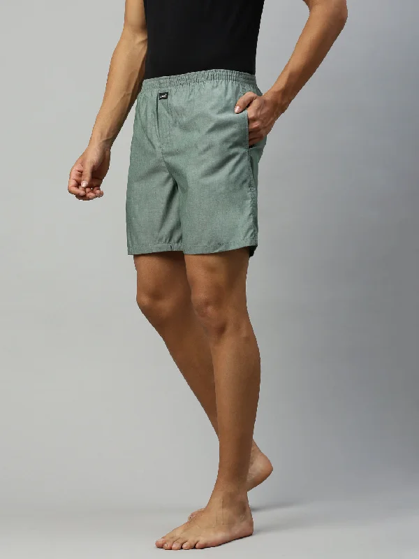 Mens Green Plain Woven Boxer Long WB24