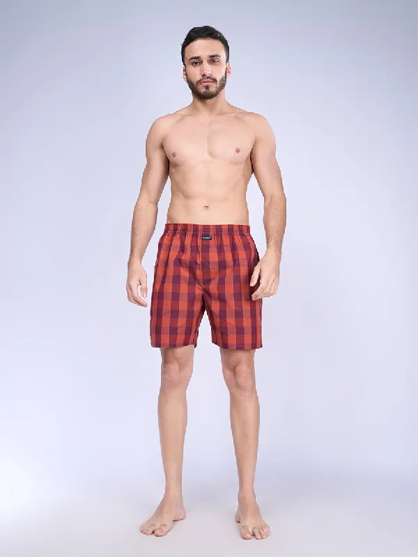 Mens Merun Burnt Checks Woven Boxer Long