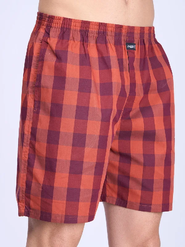 Mens Merun Burnt Checks Woven Boxer Long