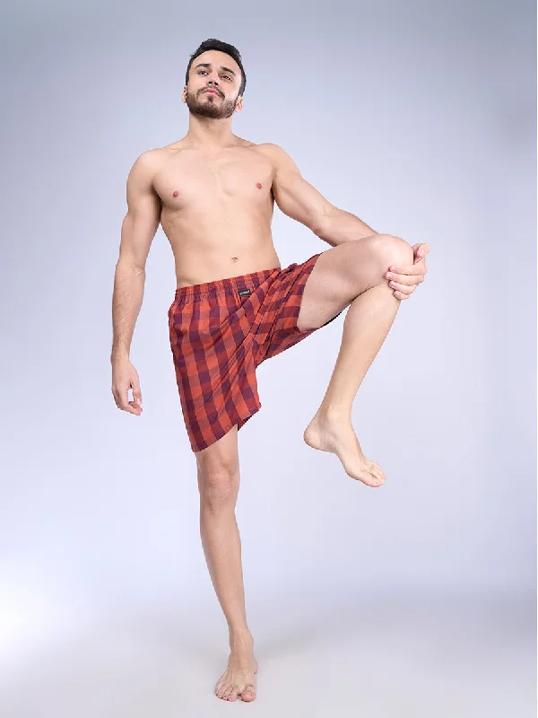 Mens Merun Burnt Checks Woven Boxer Long