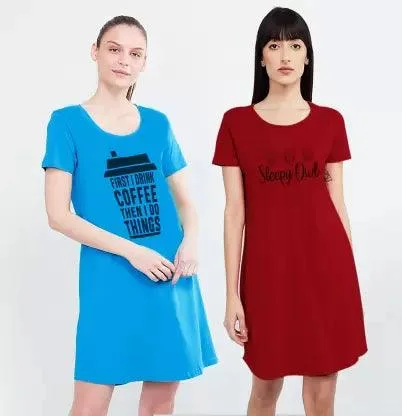 Women Night Dress 3/4 Sleeve Combo  (Blue, Maroon)