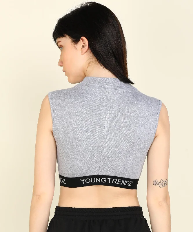 Womens  SleeveLess Elastic Crop Rib Grey Top