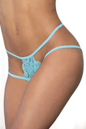 Turquoise Lace Open Crotch Panty With Back Bow Detail