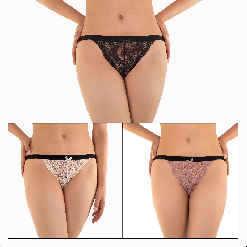 PACK OF 3 LACE G-STRINGS-BLACK/BEIGE/CRÈME