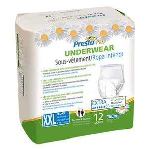 Presto Maximum Absorbency Underwear, 2XL (68"" to 80"" Waist), White, Case of 48