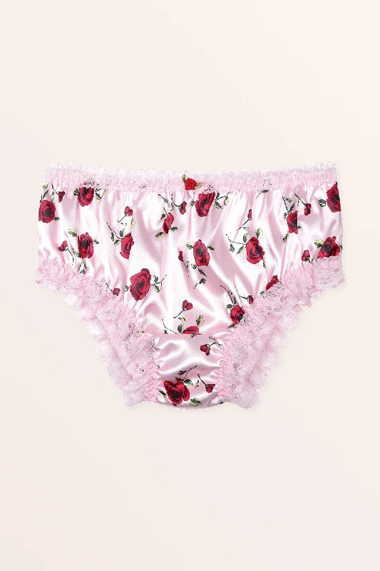 Satin Frilly Lace French Knickers - Pink Red Roses