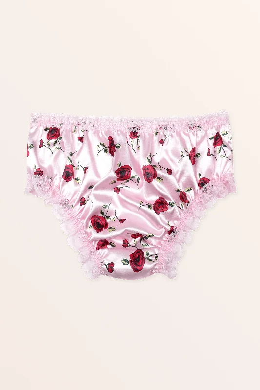 Satin Frilly Lace French Knickers - Pink Red Roses