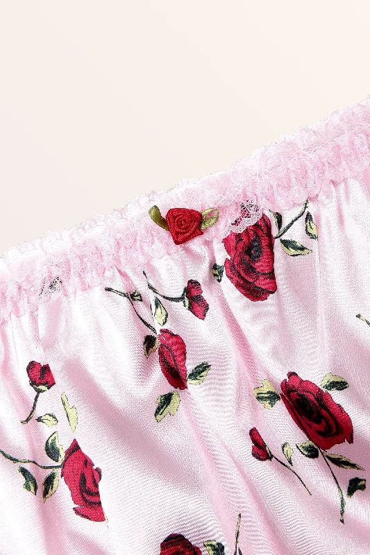 Satin Frilly Lace French Knickers - Pink Red Roses