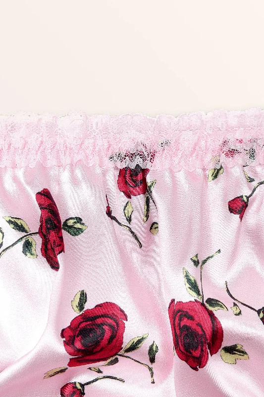 Satin Frilly Lace French Knickers - Pink Red Roses