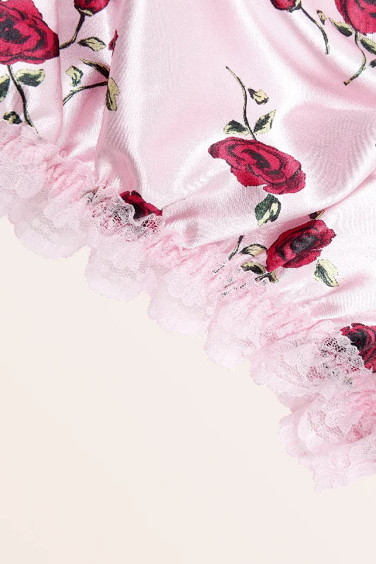 Satin Frilly Lace French Knickers - Pink Red Roses