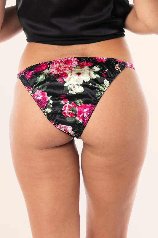 Satin Tanga Bikini Briefs - Black Pink Floral