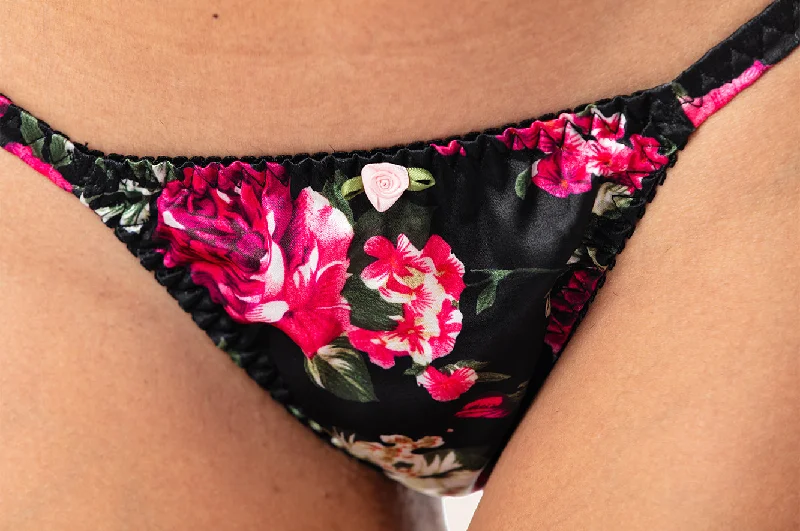 Satin Tanga Bikini Briefs - Black Pink Floral