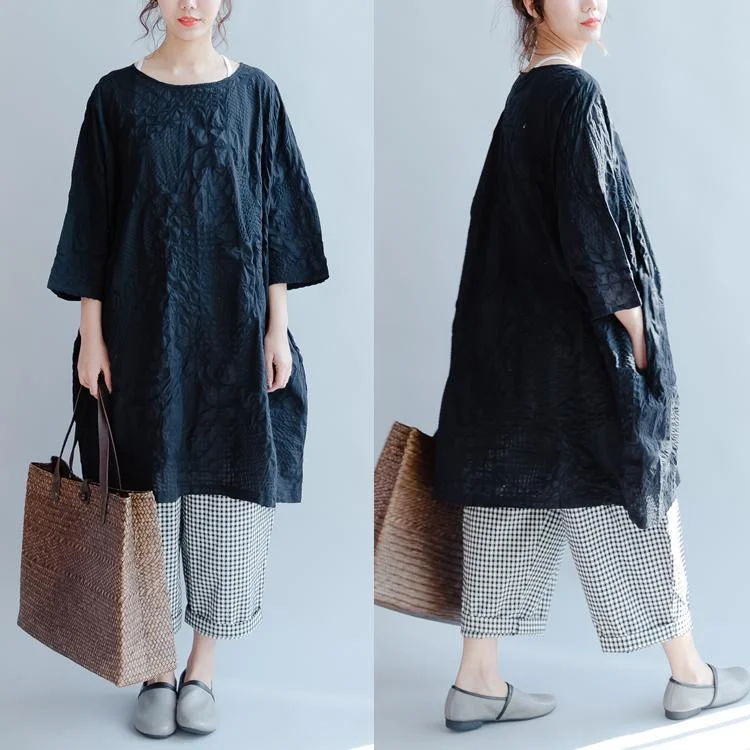 Dark blue summer dresses cotton oversize sundress embroidery o neck mid-dress