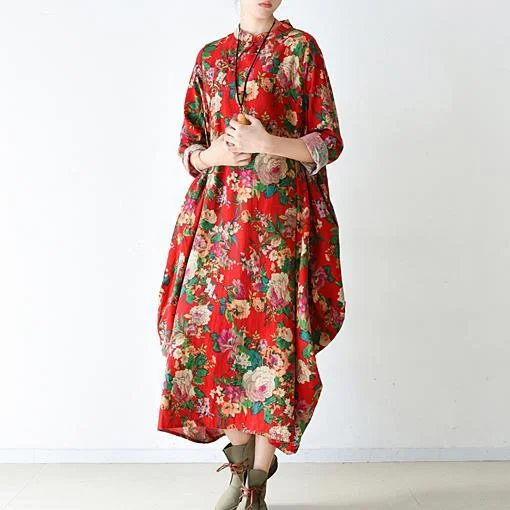 2022 spring blossom flowers print linen dresses baggy cotton dress