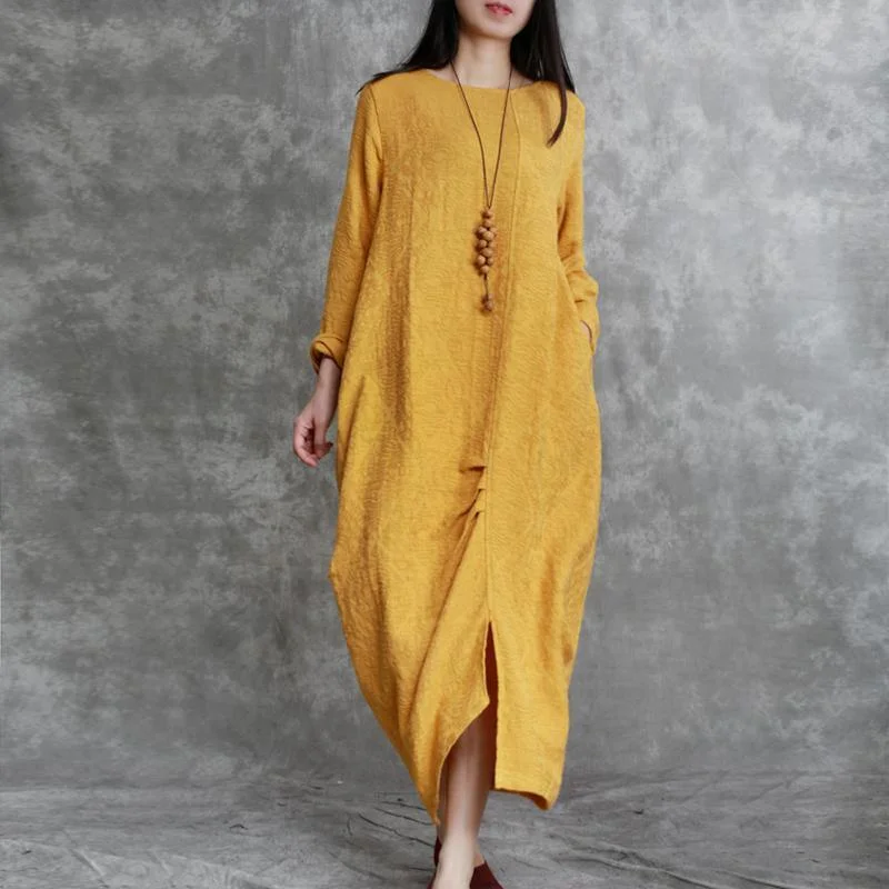 2022 Yellow Jacquard Long Linen Dresses Oversized Asymmetric Long Cotton Dresses Front Side Open Traveling Clothing