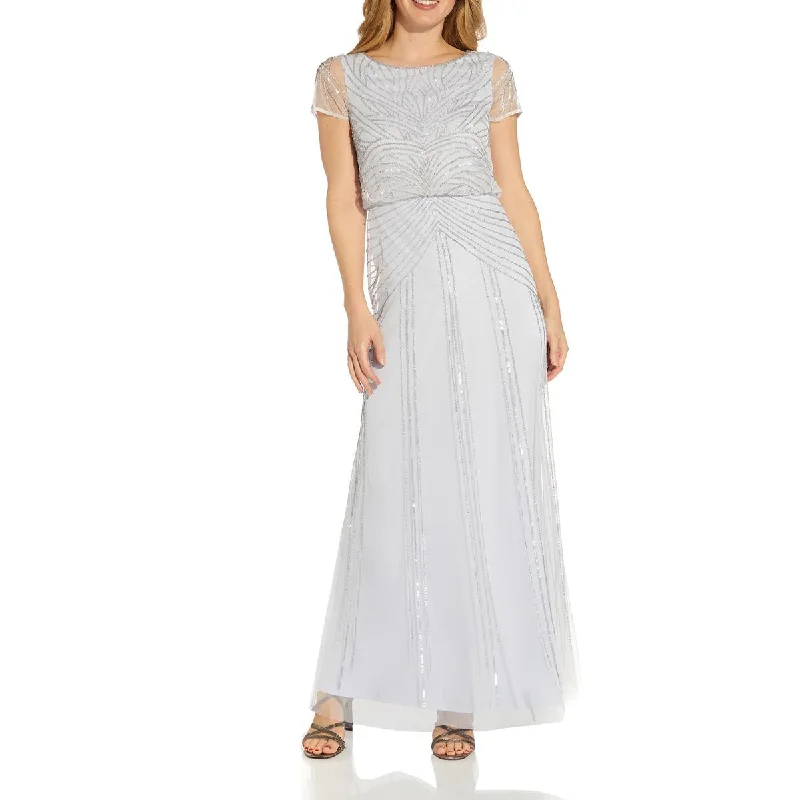 Adrianna Papell Women's Beaded Blouson Short Sleeve Evening Dress Tunics stripes playful