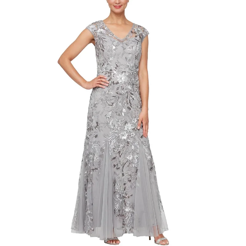 Alex Evenings Womens Petites Sequined Full Length Evening Dress Shift Classic Vintage