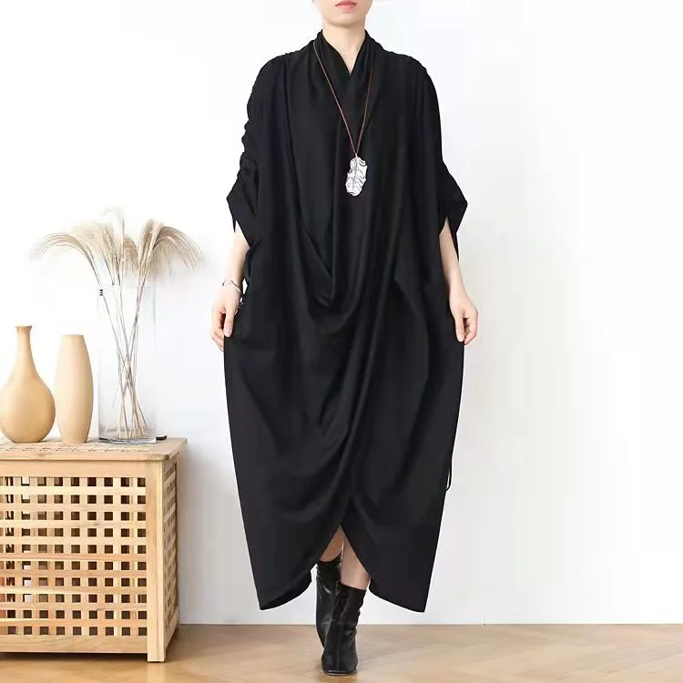 Baggy Black Long Linen Dresses Loose Fitting Asymmetric Hem Cotton Gown Vintage Linen Cotton Dress