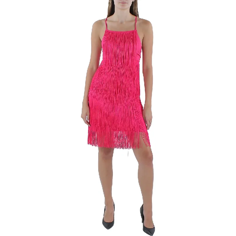 Bebe Womens   Fringe Mini Cocktail And Party Dress Turtleneck Warm Winter