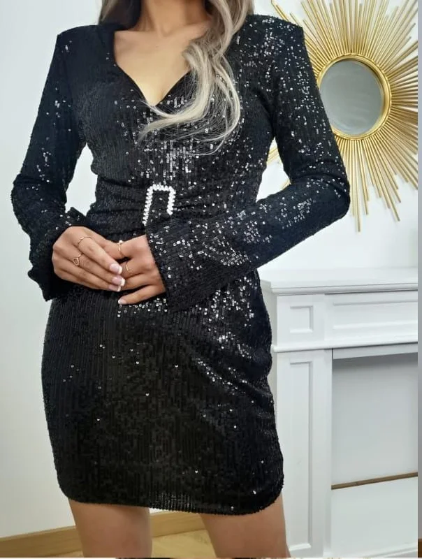 Black Sequin Belted Front Knot  Dress
